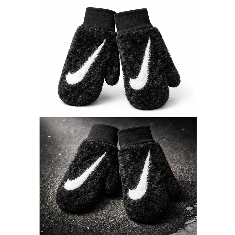 Nike Plush Knit‎ Mittens Women XS S Black Fleece Winter Gloves